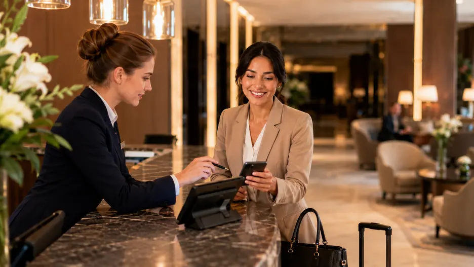 Hotel lobby with guests using WiFi